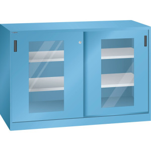 Szafka dostawna LISTA z drzwiami przesuwnymi (szer. x wys.) 1500 x 1000 mm, 4 regulowane półki, okno, głębokość 400 mm, jasnoniebieska