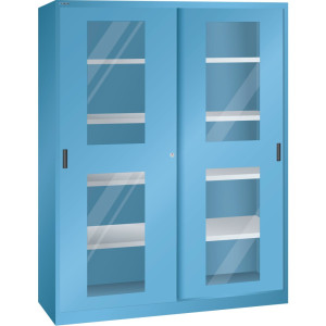 Szafa z drzwiami przesuwnymi LISTA (szer. x gł. x wys.) 1500 x 400 x 1950 mm, 8 regulowanych półek, okno, głębokość 400 mm, jasnoniebieska