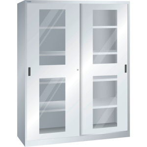 Szafa z drzwiami przesuwnymi LISTA (szer. x gł. x wys.) 1500 x 400 x 1950 mm, 8 regulowanych półek, okno, głębokość 400 mm, jasnoszara