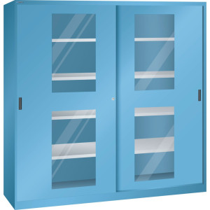 Szafa z drzwiami przesuwnymi LISTA (szer. x gł. x wys.) 2000 x 400 x 1950 mm, 8 regulowanych półek, okno, głębokość 400 mm, jasnoniebieski