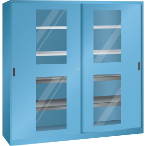 Szafa z drzwiami przesuwnymi LISTA, (szer. x gł. x wys.) 2000 x 580 x 1950 mm, 4 półki wysuwane, 4 półki regulowane, okienko, jasnoniebieski
