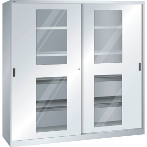 Szafa z drzwiami przesuwnymi LISTA, (szer. x gł. x wys.) 2000 x 580 x 1950 mm, 4 półki wysuwane, 4 półki regulowane, okienko, jasnoszary