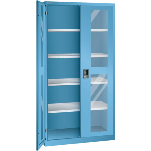 Szafa z drzwiami skrzydłowymi LISTA z oknem, (szer. x gł. x wys.) 1000 x 400 x 1950 mm, 4 regulowane półki, jasnoniebieski, KEY Lock