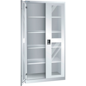 Szafa z drzwiami skrzydłowymi LISTA z oknem, (szer. x gł. x wys.) 1000 x 500 x 1950 mm, 4 regulowane półki, jasnoszary, RFID Lock