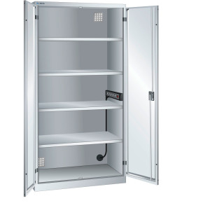 Szafa do ładowania akumulatorów LISTA, (szer. x gł. x wys.) 1000 x 580 x 1950 mm, 1 listwa zasilająca ściany bocznej, jasnoszary