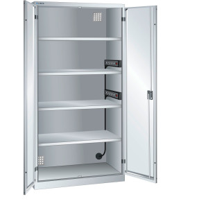 Szafa do ładowania akumulatorów LISTA, (szer. x gł. x wys.) 1000 x 580 x 1950 mm, 2 listwy zasilające ściany bocznej, jasnoszary