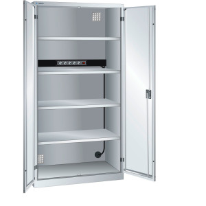 Szafa do ładowania akumulatorów LISTA, (szer. x gł. x wys.) 1000 x 580 x 1950 mm, 1 listwa zasilająca ściany tylnej, jasnoszary
