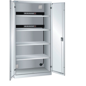 Szafa do ładowania akumulatorów LISTA, (szer. x gł. x wys.) 1000 x 580 x 1950 mm, 2 listwy zasilające ściany tylnej, jasnoszary
