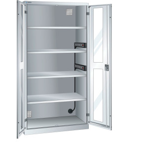 Szafa do ładowania akumulatorów LISTA, (szer. x gł. x wys.) 1000 x 580 x 1950 mm, 2 listwy zasilające ściany bocznej, okno, jasnoszary