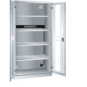 Szafa do ładowania akumulatorów LISTA, (szer. x gł. x wys.) 1000 x 580 x 1950 mm, 1 listwa zasilająca ściany tylnej, okno, jasnoszary
