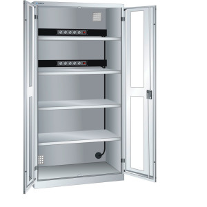 Szafa do ładowania akumulatorów LISTA, (szer. x gł. x wys.) 1000 x 580 x 1950 mm, 2 listwy zasilające ściany tylnej, okno, jasnoszara