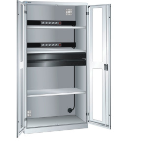 Szafa do ładowania akumulatorów LISTA, (szer. x gł. x wys.) 1000 x 580 x 1950 mm, 2 listwy zasilające, 2 szuflady, jasnoszary