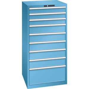 Szafa z szufladami LISTA 36x36E, (szer. x gł. x wys.) 717 x 725 x 1450 mm, 9 szuflad, 3 x 100 / 5 x 150 / 1 x 300, jasnoniebieski, KEY Lock