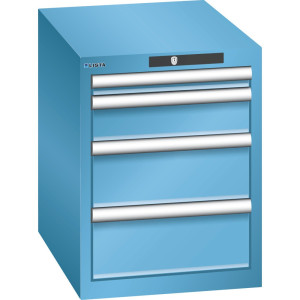 Szafa z szufladami LISTA 18x27E, (szer. x gł. x wys.) 411 x 572 x 533 mm, 4 szuflady, 1 x 50 / 1 x 100 / 2 x 150, jasnoniebieski, KEY Lock