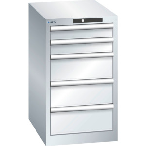 Szafa z szufladami LISTA 18x27E, (szer. x gł. x wys.) 411 x 572 x 700 mm, 5 szuflad, 2 x 75 / 3 x 150, jasnoszary, CODE Lock
