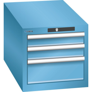 Szafa z szufladami LISTA 18x36E, (szer. x gł. x wys.) 411 x 725 x 383 mm, 3 szuflady, 2 x 75 / 1 x 150, jasnoniebieski, AUTO Lock
