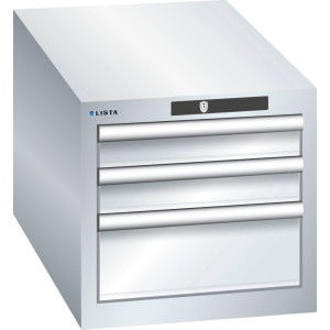 Szafa z szufladami LISTA 18x36E, (szer. x gł. x wys.) 411 x 725 x 383 mm, 3 szuflady, 2 x 75 / 1 x 150, jasnoszary, KEY Lock