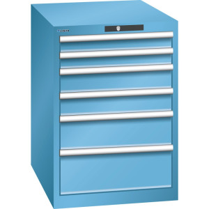 Szafa z szufladami LISTA 27x36E, (szer. x gł. x wys.) 564 x 725 x 800 mm, 6 szuflad, wysokość frontu 75–200mm, jasnoniebieski, CODE Lock