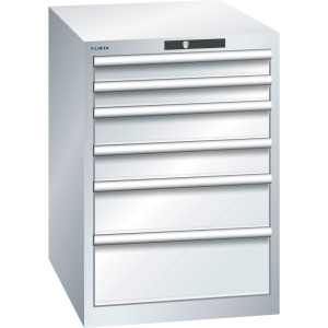 Szafa z szufladami LISTA 27x36E, (szer. x gł. x wys.) 564 x 725 x 800 mm, 6 szuflad, wysokość frontu 75–200mm, jasnoszary, RFID Lock