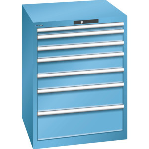 Szafa z szufladami LISTA 36x36E, (szer. x gł. x wys.) 717 x 725 x 850 mm, 7 szuflad, wysokość frontu 50–200mm, jasnoniebieski, CODE Lock