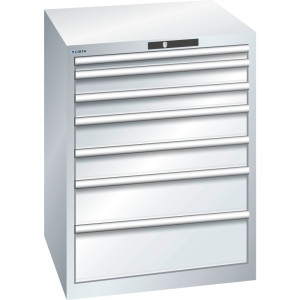 Szafa z szufladami LISTA 36x36E, (szer. x gł. x wys.) 717 x 725 x 850 mm, 7 szuflad, wysokość frontu 50–200mm, jasnoszary, KEY Lock
