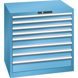 Szafa z szufladami LISTA 45x36E, (szer. x gł. x wys.) 870 x 725 x 850 mm, 8 szuflad, 4 x 75 / 3 x 100 / 1 x 150, jasnoniebieski, KEY Lock