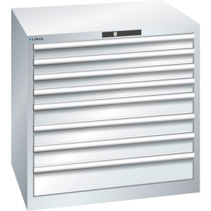 Szafa z szufladami LISTA 45x36E, (szer. x gł. x wys.) 870 x 725 x 850 mm, 8 szuflad, 4 x 75 / 3 x 100 / 1 x 150, jasnoszary, KEY Lock