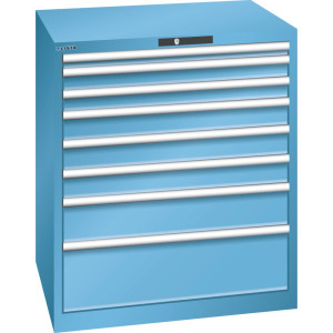 Szafa z szufladami LISTA 45x36E, (szer. x gł. x wys.) 870 x 725 x 1000 mm, 8 szuflad, wysokość frontu 50–250mm, jasnoniebieski, KEY Lock