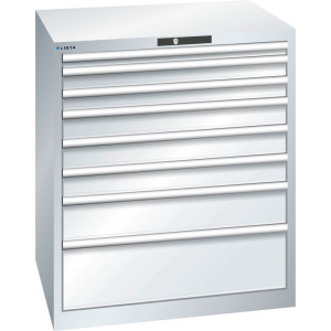 Szafa z szufladami LISTA 45x36E, (szer. x gł. x wys.) 870 x 725 x 1000 mm, 8 szuflad, wysokość frontu 50–250mm, jasnoszary, KEY Lock