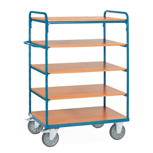 Wózek piętrowy fetra®, z drewnianymi półkami, 5 poz. po 1000 x 700 mm, wysokość 1552 mm
