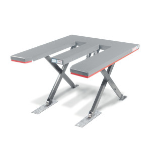 Płaski stół podnośny nożycowy FLEXLIFT, kształt E, udźwig 900 kg, wymiary blatu 1350 x 1150 mm, 400 V