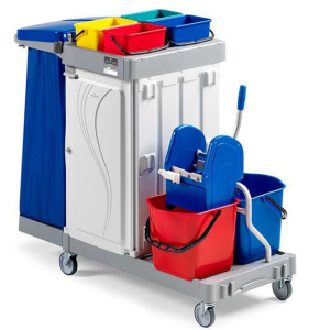 Wózek do sprzątania Poly III, 2 x 15 l z prasą do mopa + 4 x 4 l, zamykane środkowe kieszenie