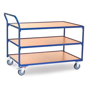 Wózek stołowy fetra®, udźwig 300 kg, 3 piętra o wymiarach 1200 × 800 mm, pionowy pałąk do pchania