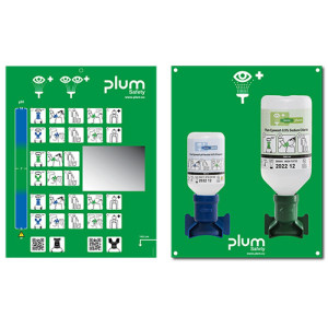 Stacja do płukania oczu plum, stacja awaryjna z lustrem, roztwór chlorku sodu 500 ml, buforowy roztwór fosforanowy 200 ml
