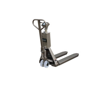 Wózek paletowy INOX PRO z wagą ze stali nierdzewnej i wskazaniem wielozakresowym Touch, udźwig 2000 kg, długość wideł 1150 mm, poliamid, rolki tandemowe