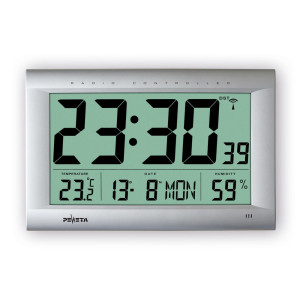 Radiowy zegar ścienny PEWETA DCF77 typ 106, wyświetlacz LCD, wys. x szer. x gł. 270 x 410 x 43 mm, srebrny metalik