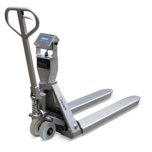 Wózek paletowy INOX PRO z wagą ze stali nierdzewnej i wskazaniem wielozakresowym, udźwig 2000 kg, długość wideł 1150 mm, poliamid, rolki tandemowe