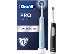 Cepillo eléctrico - Oral-B Pro Series 1, Pack Doble, Tecnología 3D, Sensor de presión, Negro y turquesa