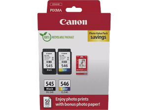Cartucho de tinta - Canon PG-545/CL-546, 8 ml, 180 páginas por cartucho, 50 Hojas Papel Fotográfico Satinado, Negro, Color (cian, magenta, amarillo)