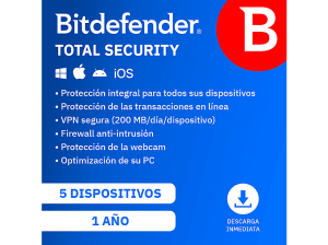 Bitdefender Total Security, 5 dispositivos, 1 año (Código de descarga)