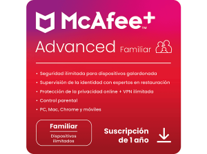 Antivirus - McAfee®+ Advanced Familiar, Seguridad Internet, Dispositivos ilimitados, Suscripción 1 año, Código descarga