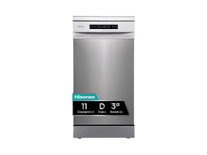 Lavavajillas - Hisense HS543D10X, 11 servicios, 8 programas , 44.8 cm, Motor Inverter, Tercera bandeja, Inox