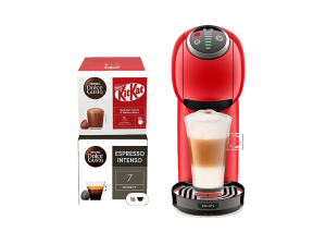 Cafetera de cápsulas - Krups Genio S Plus, Compacta, Alta presión, 30 tipos bebidas, Función XL, 2 packs regalo, Modo Eco, 15 bar, Roja