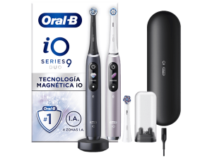 Cepillo eléctrico - Oral-B iO 9, Pack doble, 3 cabezales, Seguimiento 3D con app, Con estuche de viaje, Negro y Rosa