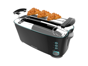 Tostadora - Cecotec Toast&Taste; Extra Double B, 1350 W, Doble ranura larga, 4 tostadas, Ranura ancha, 7 niveles, Soporte para bollería, Negro