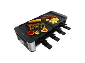 Raclette - Cecotec Cheese&Grill; 16000 Inox Black, 1400 W, 8 personas, Superficie 40x22 cm, Grill y plancha, sartenes espátulas, Negro