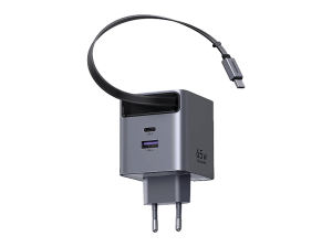 Cargador de pared - Ugreen GaN Carga Rápida con cable USB-C Retráctil, Universal, 65W, 1x USB-C, USB-A, Plata