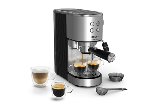 Cafetera express - Krups Virtuoso XP499E, Sitema de autoprensado, 15 bares, Panel frontal intuitivo, Barista, Thermoblock, Compacta, Inox