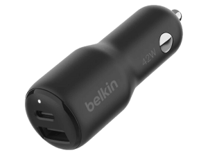 Cargador USB para coche - Belkin CCB005btBK, Dispositivos con carga USB-A y USB-C, Doble puerto USB-C® de 30 W 12 W, Tecnología PPS, Negro