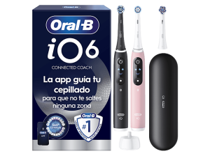Cepillo eléctrico - Oral-B iO 6s, Pack doble, 5 modos, Seguimiento con app, Pantalla interactiva, Sensor de presión, Estuche viaje, Negro y rosa